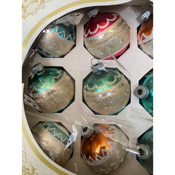 Vtg Shiny Brite Stenciled Glass Ornaments 1960s Box of 10 Max Eckardt Poloron - Picture 4 of 12